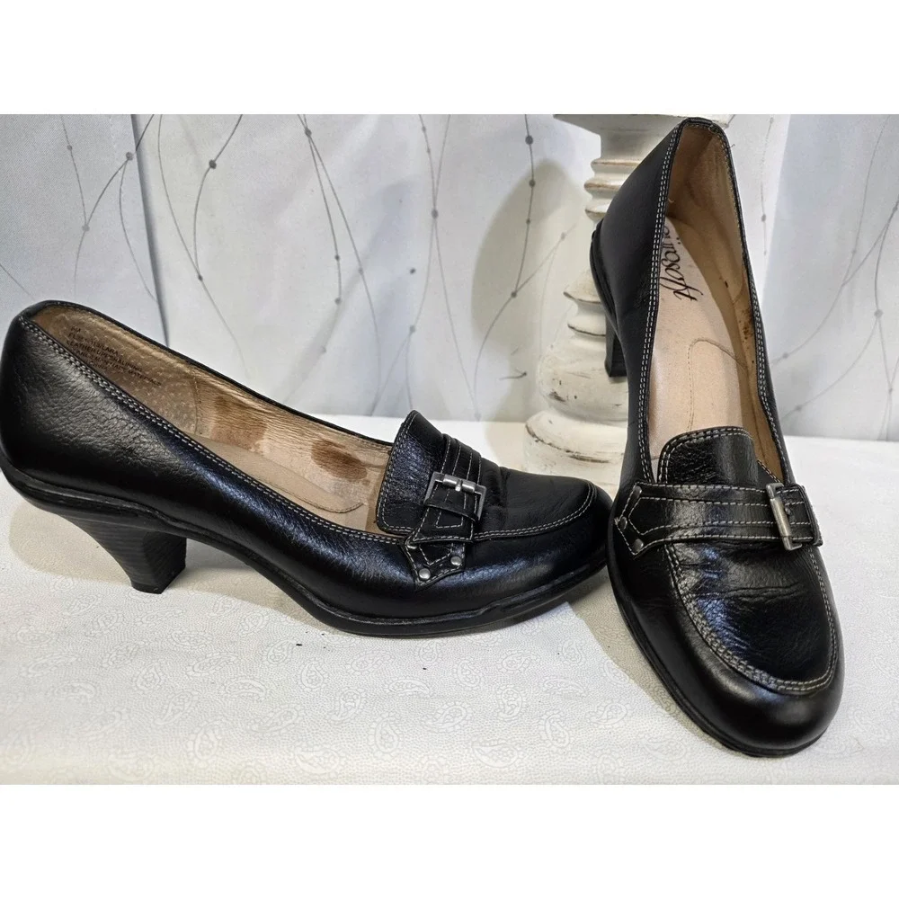 EuroSoft Shoes 9 Black Leather Coquette‎ Retro Buckle Office Classic Jackie O